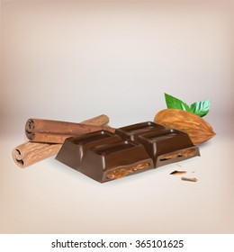 chocolate bar cinnamon inside stuffing, icon, isolated vector object, almond truffle chocolate