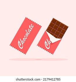 Chocolate bar in closed and opened red wrapped. Dessert template. Vector illustration in trendy flat style isolated.