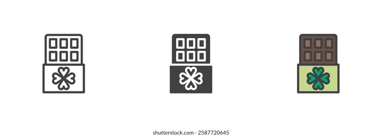 The chocolate bar with clover different style icon set. Line, glyph and filled outline colorful version, outline and filled vector sign. Symbol, logo illustration. Vector graphics