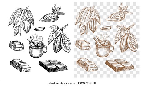 Chocolate Bar, Cocoa Bean, Hot Chocolate. Set Of Outline Illustrations. Vector On Transparent Background