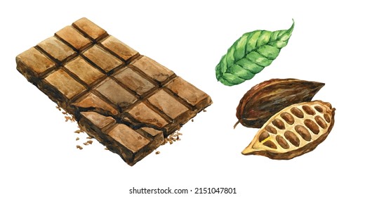 Chocolate Bar and Cocoa beans with leaf isolated on a white background