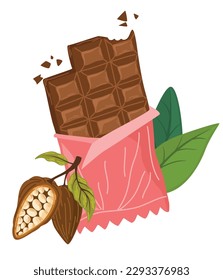 Chocolate bar and cocoa beans, leaves. World Chocolate Day.  Ideal for printing, products, postcards. Cartoon vector illustration isolated on the white background. 