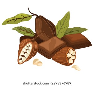 Chocolate bar and cocoa beans. Sweet dessert. World Chocolate Day. Ideal for printing, products, postcards. Cartoon vector illustration isolated on the white background. 