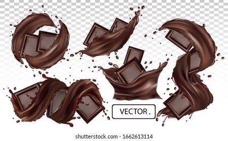 Chocolate bar, cocoa butter, pastry sweets with splashing and whirl chocolate liquid. Realistic vector. Pieces of chocolate, which with drops on transparent background. Set vector illustration.