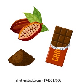 Chocolate bar. Cocoa fruit with beans inside. Cacao powder. Vector illustration cartoon flat icon set isolated on white background.