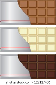 Chocolate bar collection with milk, dark, and white chocolates with the wrapping torn out.
