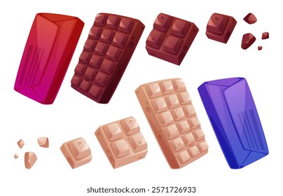 Chocolate bar collection in various sizes - dark and milk cocoa variations, wrapped, open full and broken pieces. Sweet treats displayed with segmented squares for confectionery packaging or culinary.