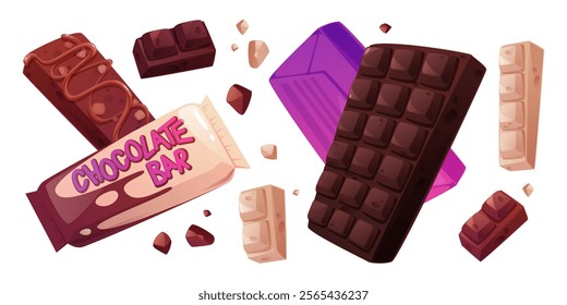 Chocolate bar collection of wrapped candy package and unwrapped segments in dark and white varieties. Sweet treats displayed with segmented squares, purple packaging design and scattered pieces.