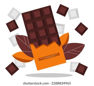 Chocolate bar concept. Sweet and sugar products from cocoa. Tasty dessert and delicacy, gourmet snack. Caloric food and confectionery. Poster or banner. Cartoon flat vector illustration