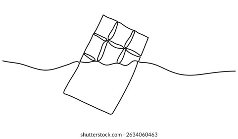 chocolate bar continuous one line drawing isolated on white background. Editable stroke hand drawn illustration. Outline cacao sweet for poster card banner post