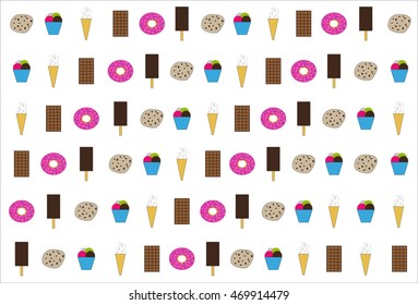 Chocolate bar, cookie, ice-cream cone, donut on white background. Vector pattern