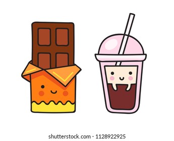 Chocolate bar and a cup of coffee. Cute cartoon characters. Vector illustration.