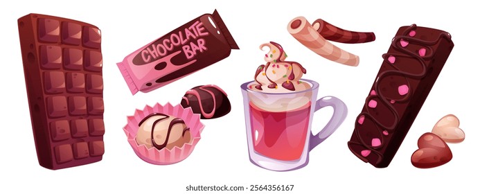 Chocolate bar and cup of hot sweet drink isolated on white background. Vector cartoon illustration of bitter dark, milk and white cacao dessert, heart shape candies in paper wrapping, cafe banner