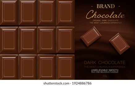 Chocolate bar. Dark Chocolate. Trendy luxury product branding template with label pattern.  Chocolate bar packaging design, template, advertising poster for promotion.3d realistic vector illustration