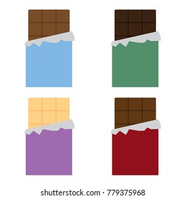 Chocolate bar dessert open vector icon set color, white chocolate, dark chocolate