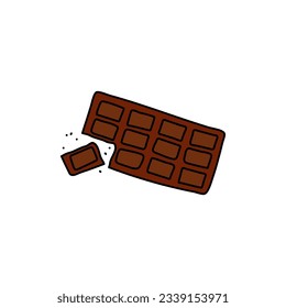 Chocolate bar doodle element isolated. Vector outline illustration of brown milk or dark broken chocolate. Hand drawn cute doodles