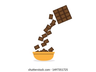 Chocolate bar drop in the bowl. Vector illustration.