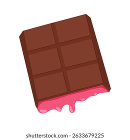Chocolate bar filled with raspberry yogurt, topped with strawberry and raspberry. Cartoon vector hand drawn sweets. For product labels, menu, recipe visuals, packaging, sticker design