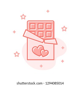 Chocolate bar flat cartoon style concept. Simple sign of candy Sweet detail icon. Cute valentine day symbol for print, social media post, web banner, card design. Vector Illustration isolated on white