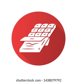 Chocolate bar flat design long shadow glyph icon. Dark, milk candy. Chocolate packaging, wrapping half opened. Grocery, gourmet food. Confectionery, pastry-shop. Toffee. Vector silhouette illustration