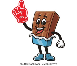 Barra de chocolate com dedo de espuma, desenho animado Mascote ilustração personagem Vetor Clip-art Desenhado à mão Logo Design