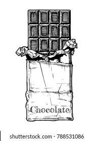 Chocolate bar in foil and wrapping paper. Vector illustration in vintage engraved style.