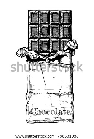 Chocolate bar in foil and wrapping paper. Vector illustration in vintage engraved style.