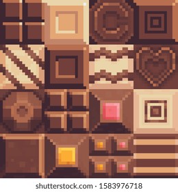 Chocolate bar, food tiles pixel art style abstract seamless pattern texture pixel art background. Milk white and brown chocolate. Game design. Isolated vector 8-bit illustration.