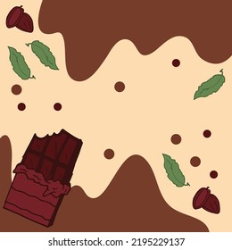 chocolate bar with green leaf and cocoa illustration on brown background. chocolate splash. hand drawn vector. blank design template for wallpaper, poster, greeting and invitation card, postcard. 