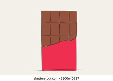 Una barra de chocolate está abierta a medias. Dibujo de una línea del día mundial del chocolate