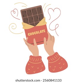 Chocolate bar in hands, adorable vector illustration of hands holding an open chocolate bar in a red wrapper surrounded by heart-shaped doodles and swirls, modern flat style in warm colors