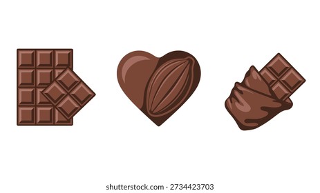 Barra de chocolate y corazón, trozos rotos, dulces románticos, iconos de regalo del día de San Valentín, tema del amor del postre, marketing navideño, diseño de embalaje
