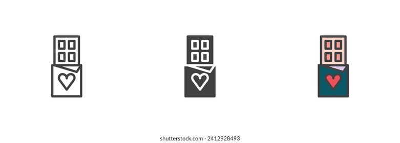 Chocolate bar with heart different style icon set. Line, glyph and filled outline colorful version, outline and filled vector sign. Symbol, logo illustration. Vector graphics