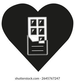 Chocolate bar in a heart. Vector device design. Black background shape.