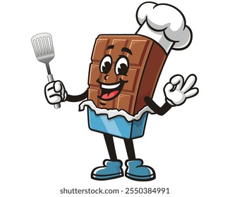 Chocolate Bar holding a spatula and wearing a chef's hat,  Cartoon Mascot Illustration Character Vector Clip-art Hand-drawn Logo Design