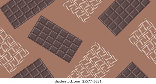 Chocolate bar horizontal banner. Seamless pattern with brown and outline chocolate pieces.