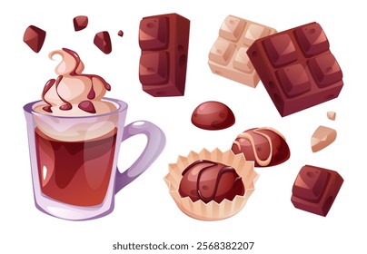 Chocolate bar and hot cocoa set with creamy drink, candy pieces and assorted truffles. Sweet collection with dark and white squares and crumble, whipped topping, decorative confections in paper cups.