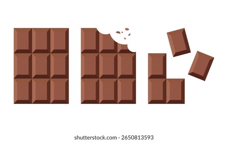 Chocolate bar icon on white background. Whole chocolate, bitten chocolate, chocolate pieces.