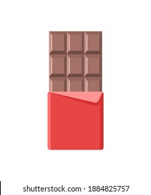 Chocolate bar icon. Open tasty milk chocolate in foil packaging. Flat dessert and sweet. Vector illustration in cartoon style