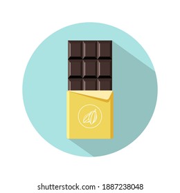 Chocolate bar icon. Open tasty bitter chocolate in foil packaging. Flat dessert and sweet. Vector illustration in cartoon style