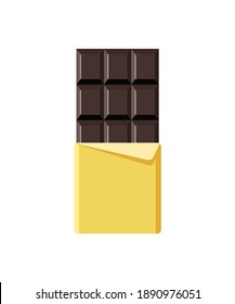 Chocolate bar icon. Open tasty bitter chocolate in foil packaging. Flat dessert and sweet. Vector illustration in cartoon style