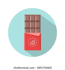 Chocolate bar icon. Open tasty milk chocolate in foil packaging. Flat dessert and sweet. Vector illustration in cartoon style