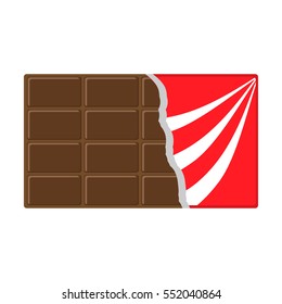 Chocolate bar icon. Opened red wrapping paper foil. Tasty sweet food Milk dark dessert. Rectangle shape Horizontal piece. Modern simple style. Flat design White background Isolated Vector illustration
