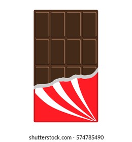 Chocolate bar icon. Opened red wrapping paper foil. Tasty sweet food. Dark dessert. Rectangle shape Vertical piece. Modern simple style. Flat design. White background. Isolated. Vector illustration