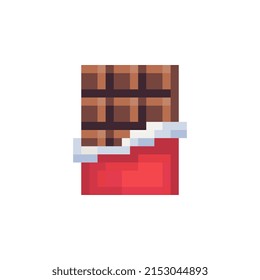 Chocolate bar icon. Pixel art flat style. Red wrapped chocolate8-bit. Isolated vector illustration.	