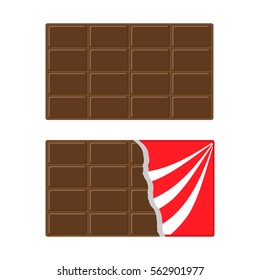 Chocolate bar icon set. Opened red wrapping paper foil. Milk dark dessert. Tasty sweet food. Rectangle shape Horizontal piece. Modern simple style. Flat design. White background Vector illustration