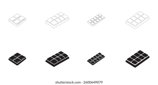 chocolate bar icons set. Editable minimalist vector icons. Flat and Outline. Perfect for web and app interfaces, presentations, info graphics, etc. In black color on a white background
