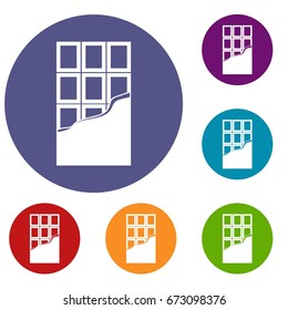 Chocolate bar icons set in flat circle reb, blue and green color for web