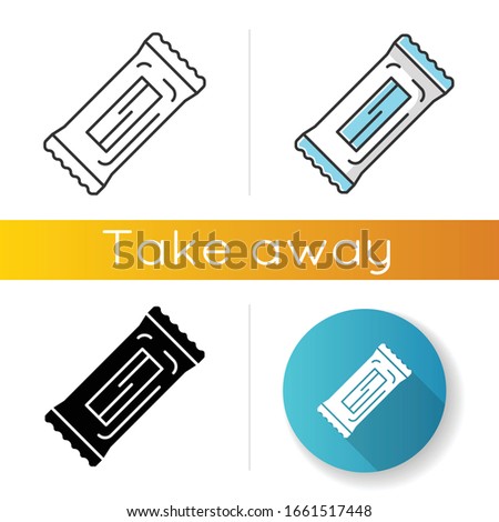 Chocolate bar icons set. Linear, black and RGB color styles. Protein snack package. Wrapped candy, sweet nourishment. Takeaway food pack. Sugar sachet, packet. Isolated vector illustrations