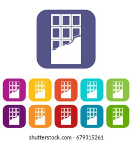 Chocolate bar icons set vector illustration in flat style In colors red, blue, green and other